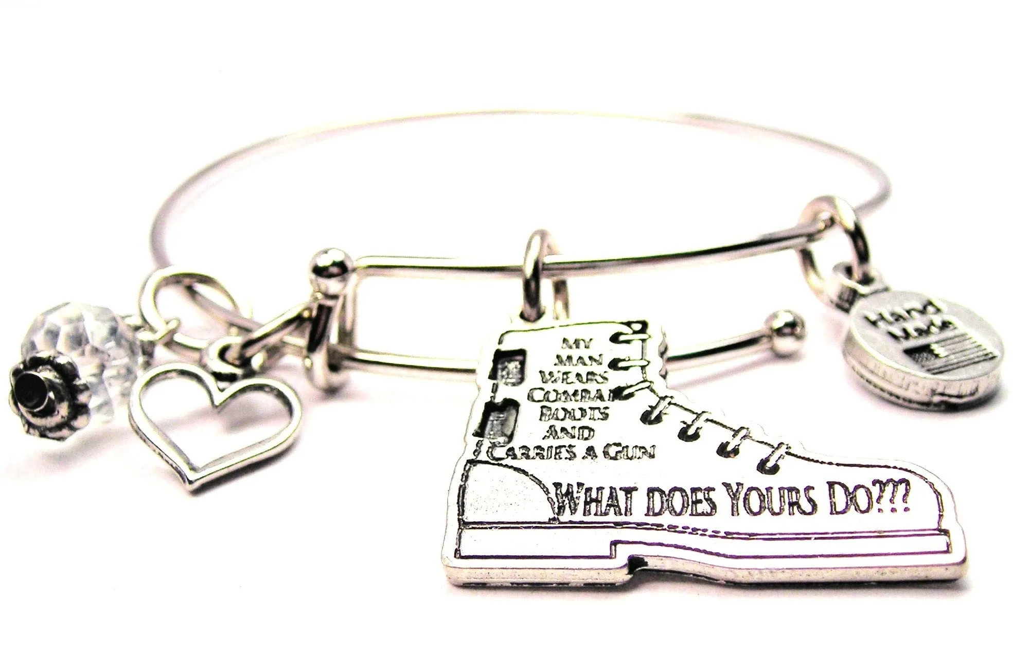 My Man Wears Combat Boots And Carries A Gun. What Does Yours Do??? Expandable Bangle Bracelet