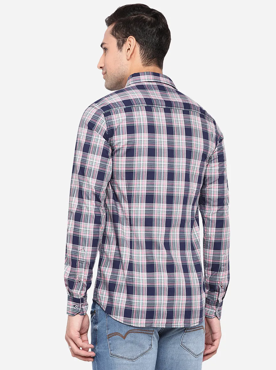 Navy Blue & Light Pink Checked Slim Fit Semi Casual Shirt | JadeBlue