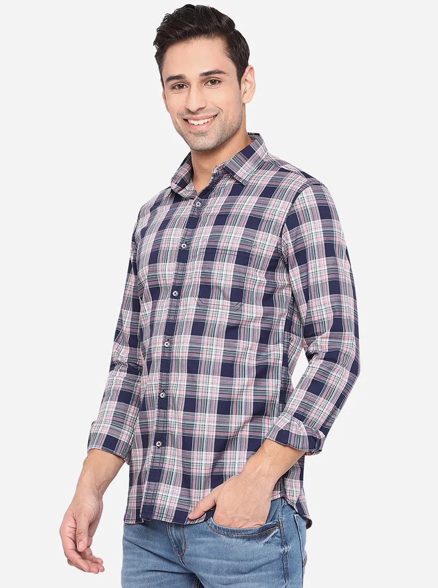 Navy Blue & Light Pink Checked Slim Fit Semi Casual Shirt | JadeBlue