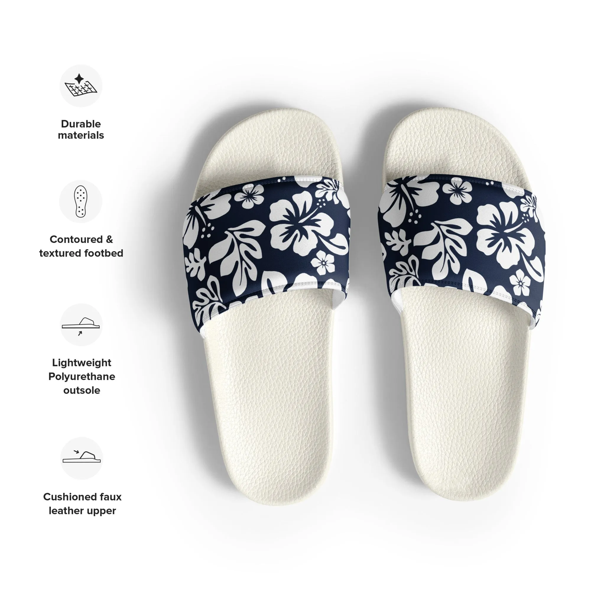 Navy Blue and White Hawaiian Flowers Men’s Slides Sandals