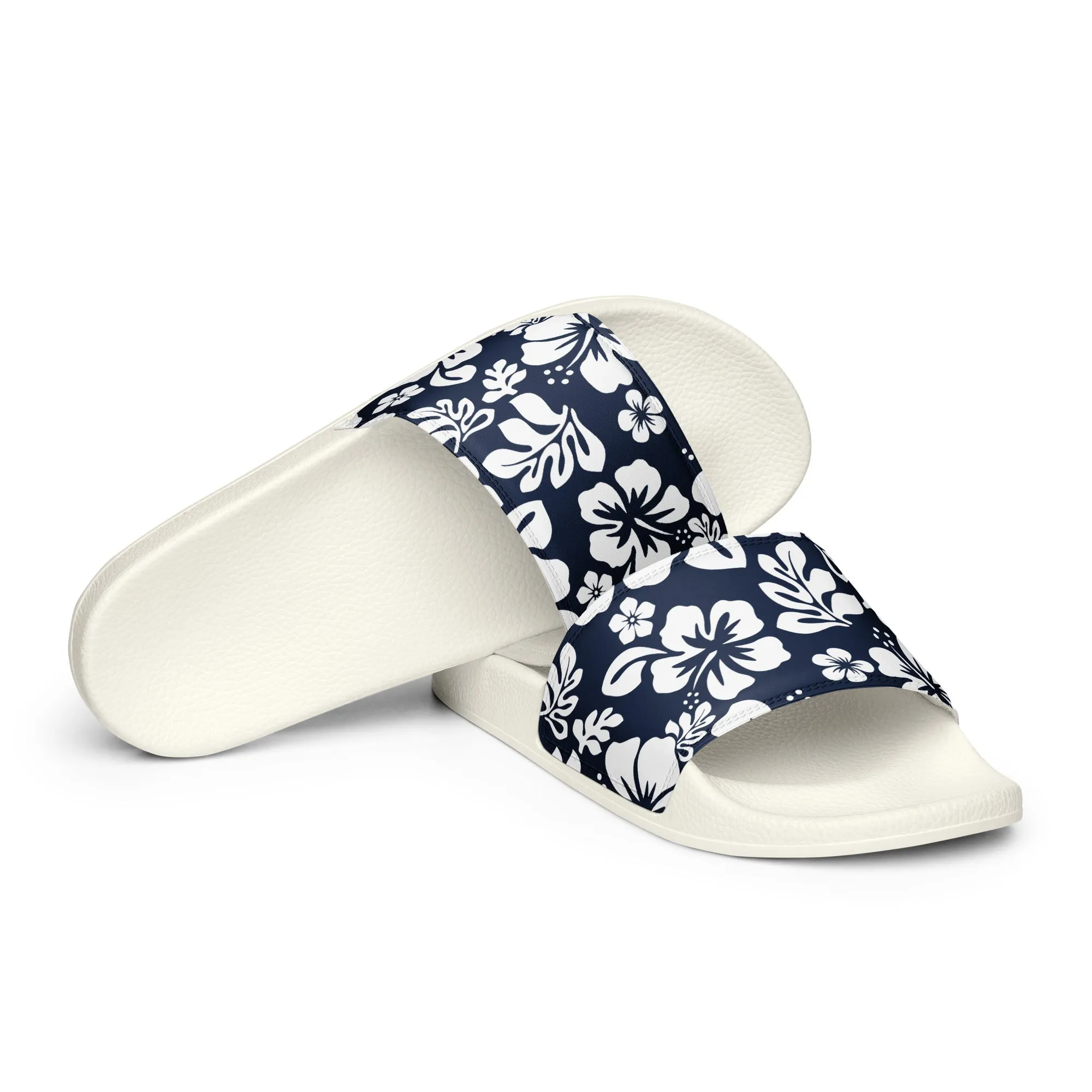 Navy Blue and White Hawaiian Flowers Men’s Slides Sandals