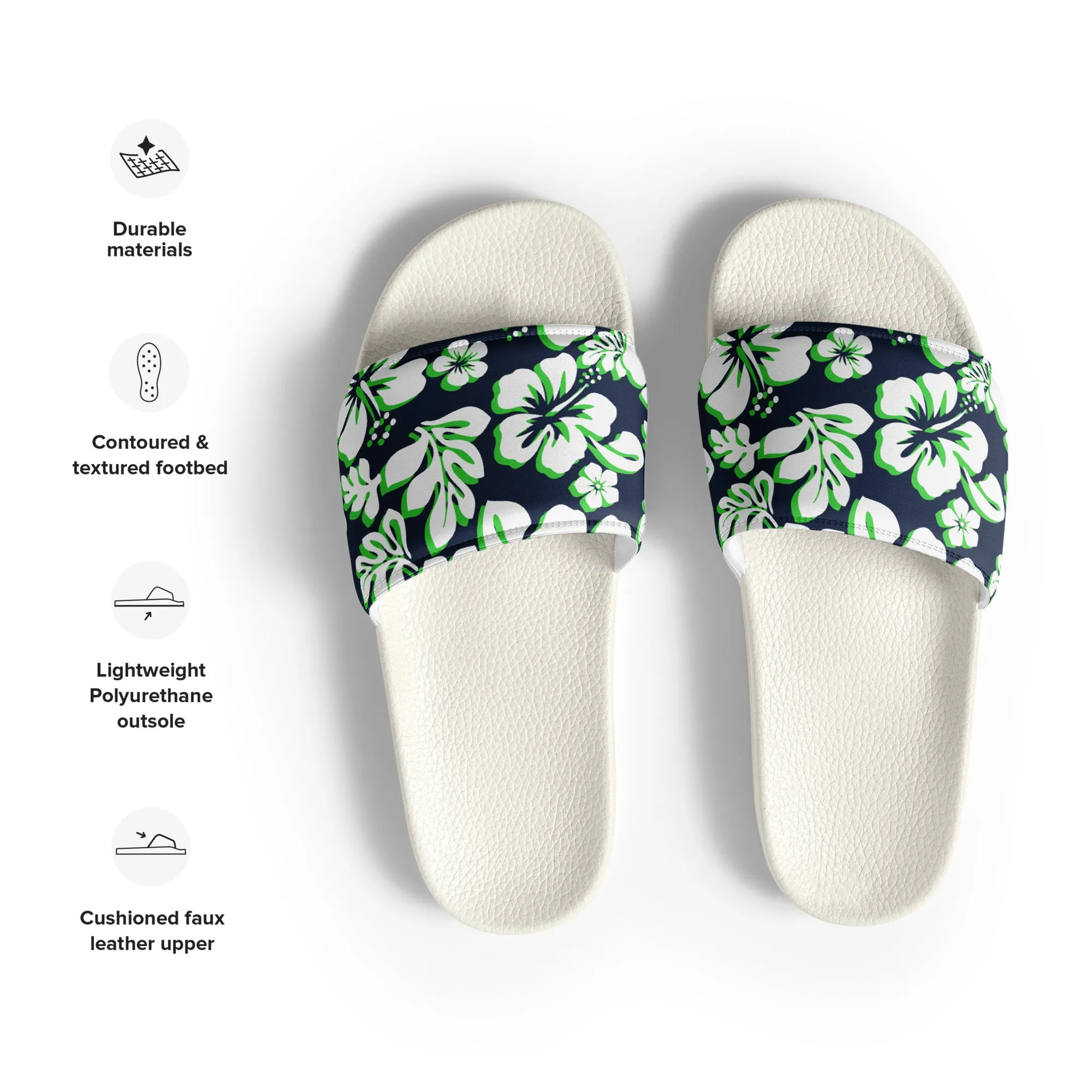 Navy Blue, Lime and White Hawaiian Flowers Men’s Slides Sandals