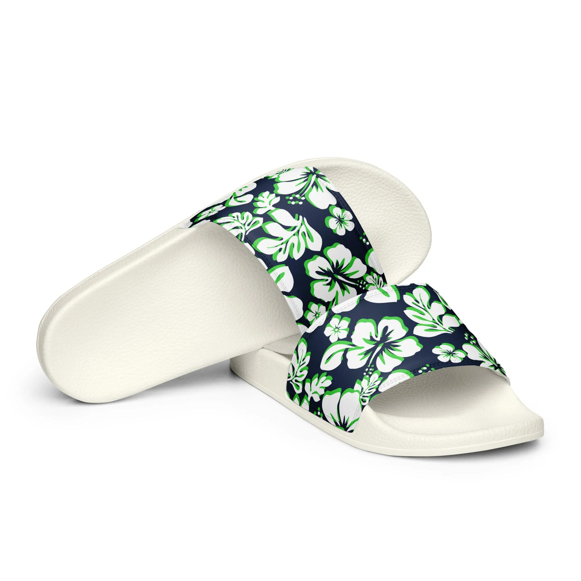 Navy Blue, Lime and White Hawaiian Flowers Men’s Slides Sandals