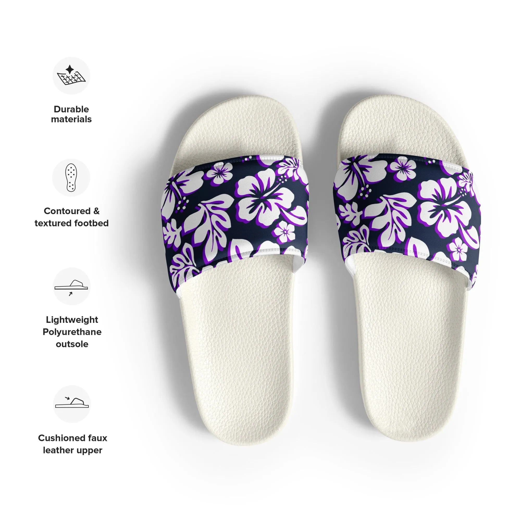 Navy Blue, Purple and White Hawaiian Flowers Men’s Slides Sandals