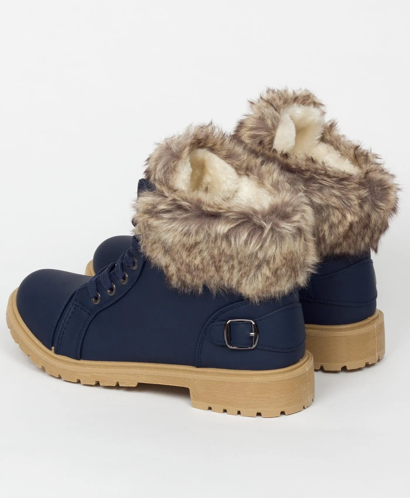 Navy Faux Fur Lined Buckle Combat Boots