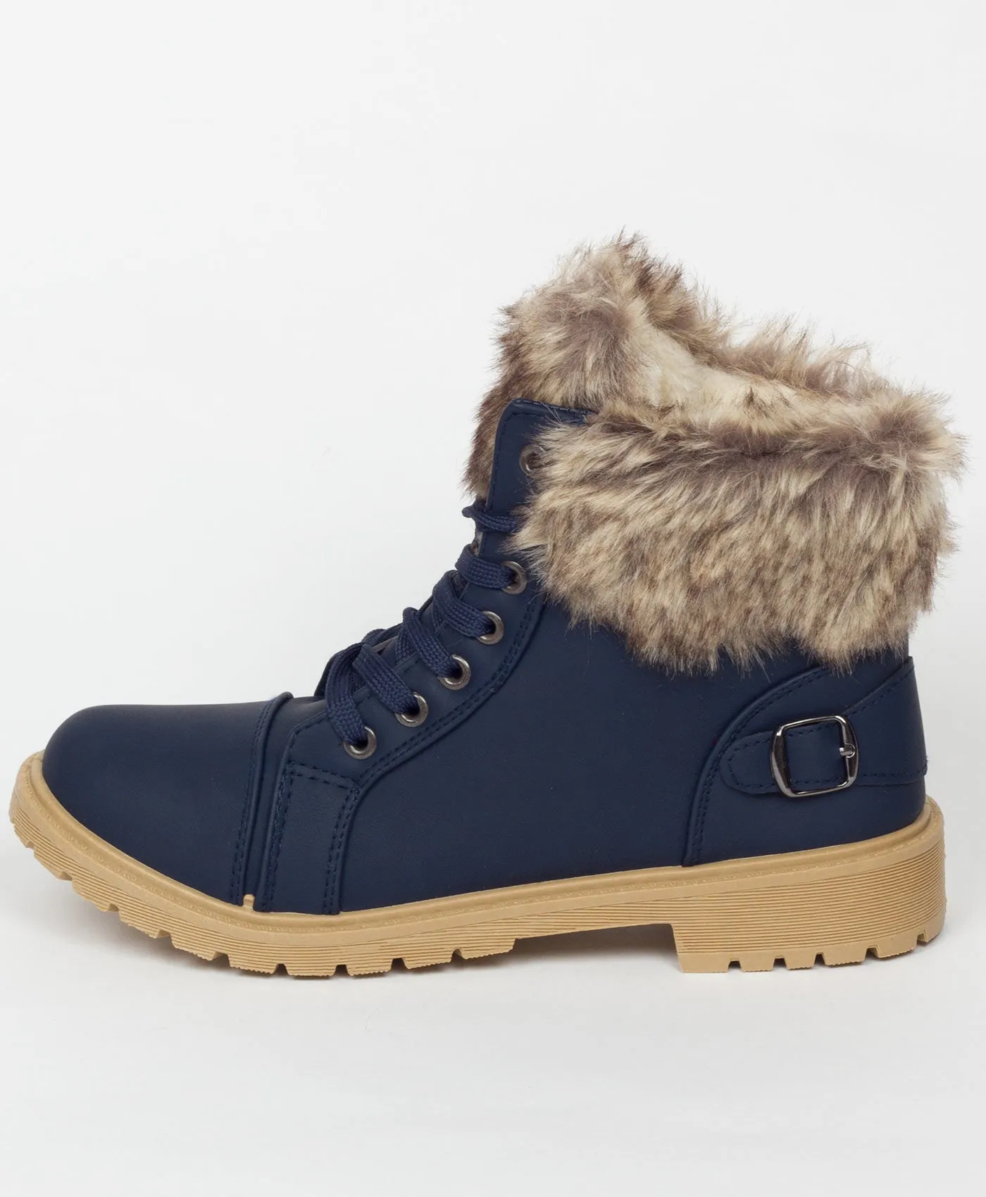 Navy Faux Fur Lined Buckle Combat Boots