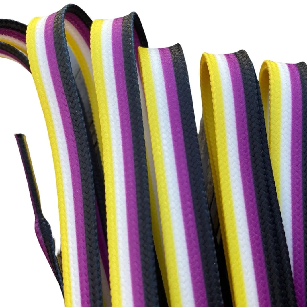 Non Binary Pride Stripe Laces – 45 inch STYLE Waxed Roller Skate Laces - black, purple, white and yellow  stripes -Nonbinary Flag