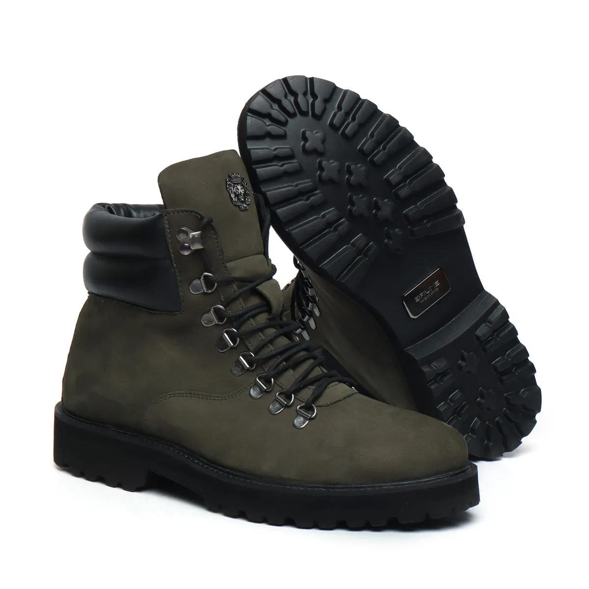 Nubuck Olive Chunky Boot in Green Leather Light Weight for Men by BRUNE & BARESKIN (512 gm)