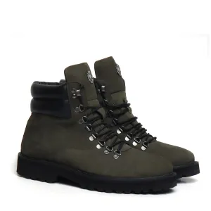 Nubuck Olive Chunky Boot in Green Leather Light Weight for Men by BRUNE & BARESKIN (512 gm)