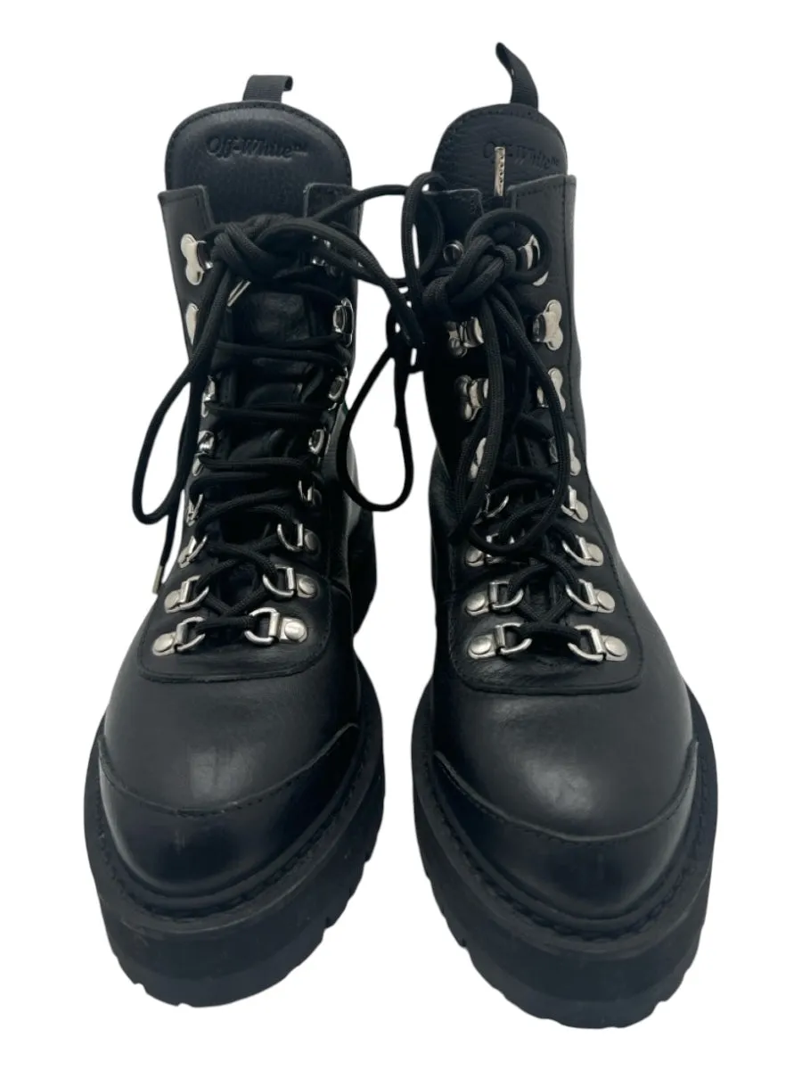 Off White Shoe Size 37 Black Leather Silver Hardware Lace Up Combat Boots