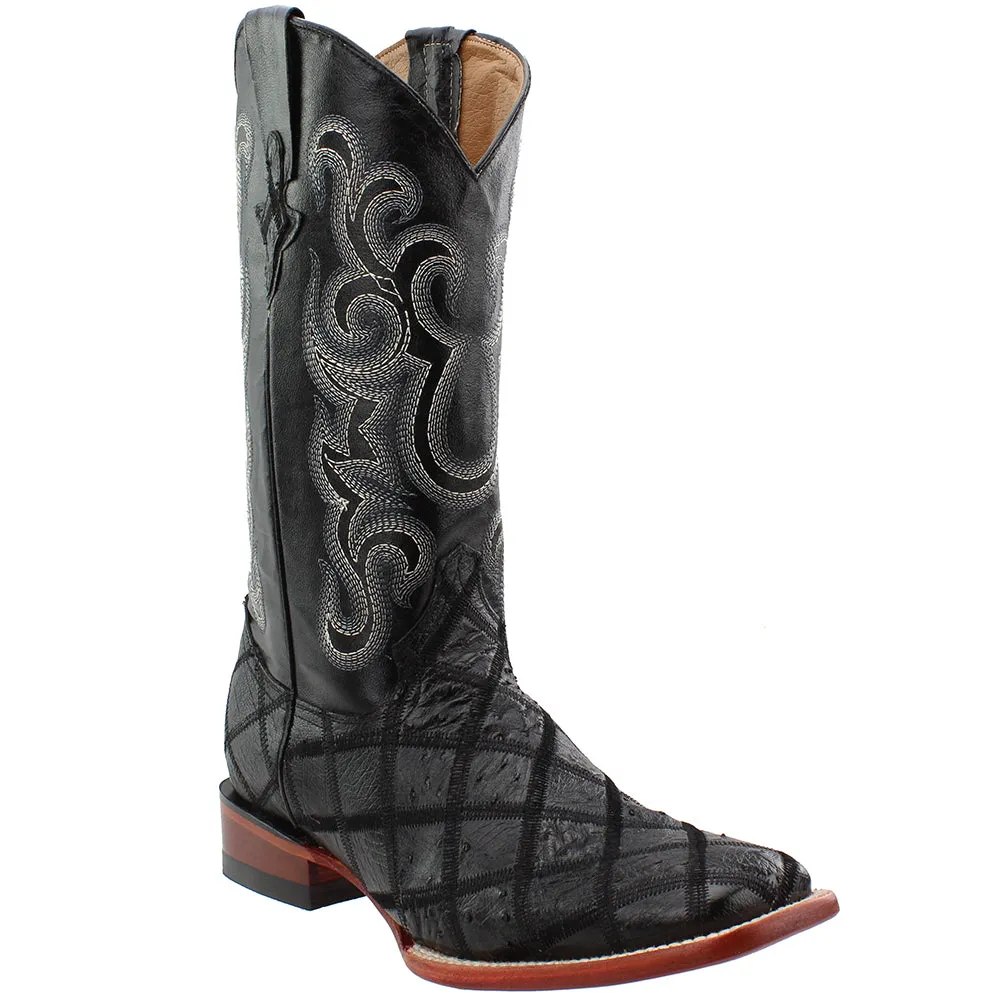 Ostrich Patchwork Square Toe Cowboy Boots