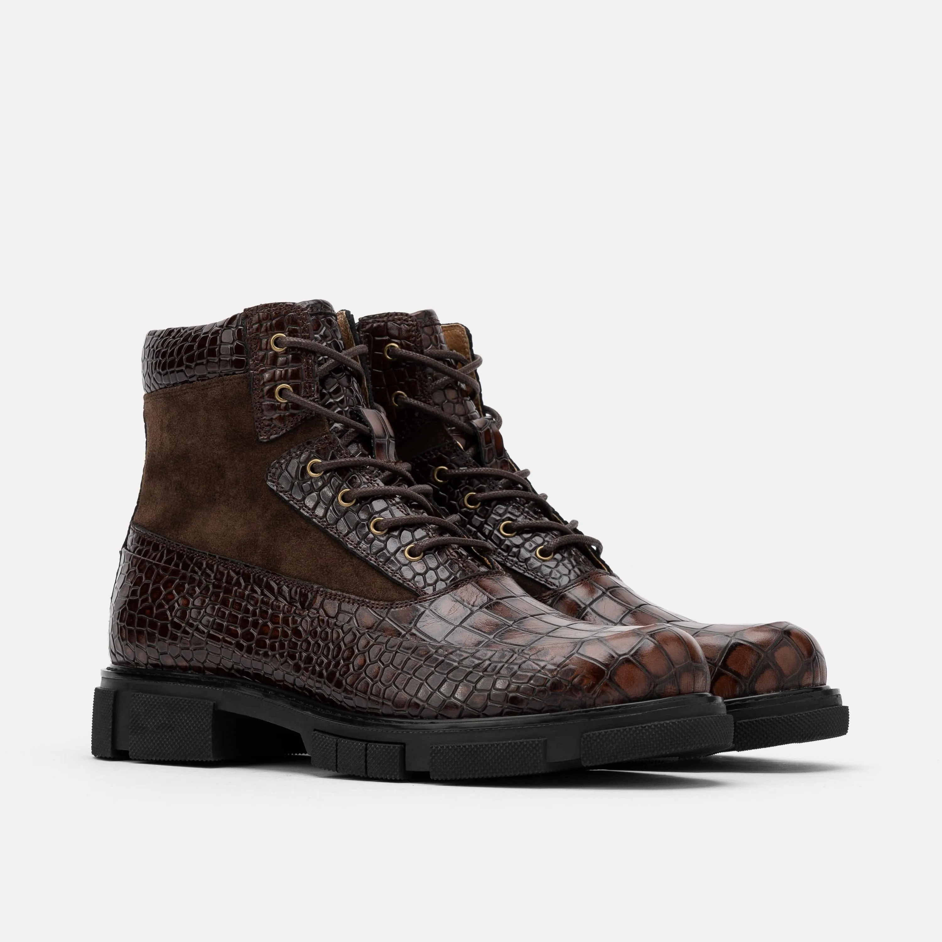 Otis Brown Crocskin Leather Combat Boots