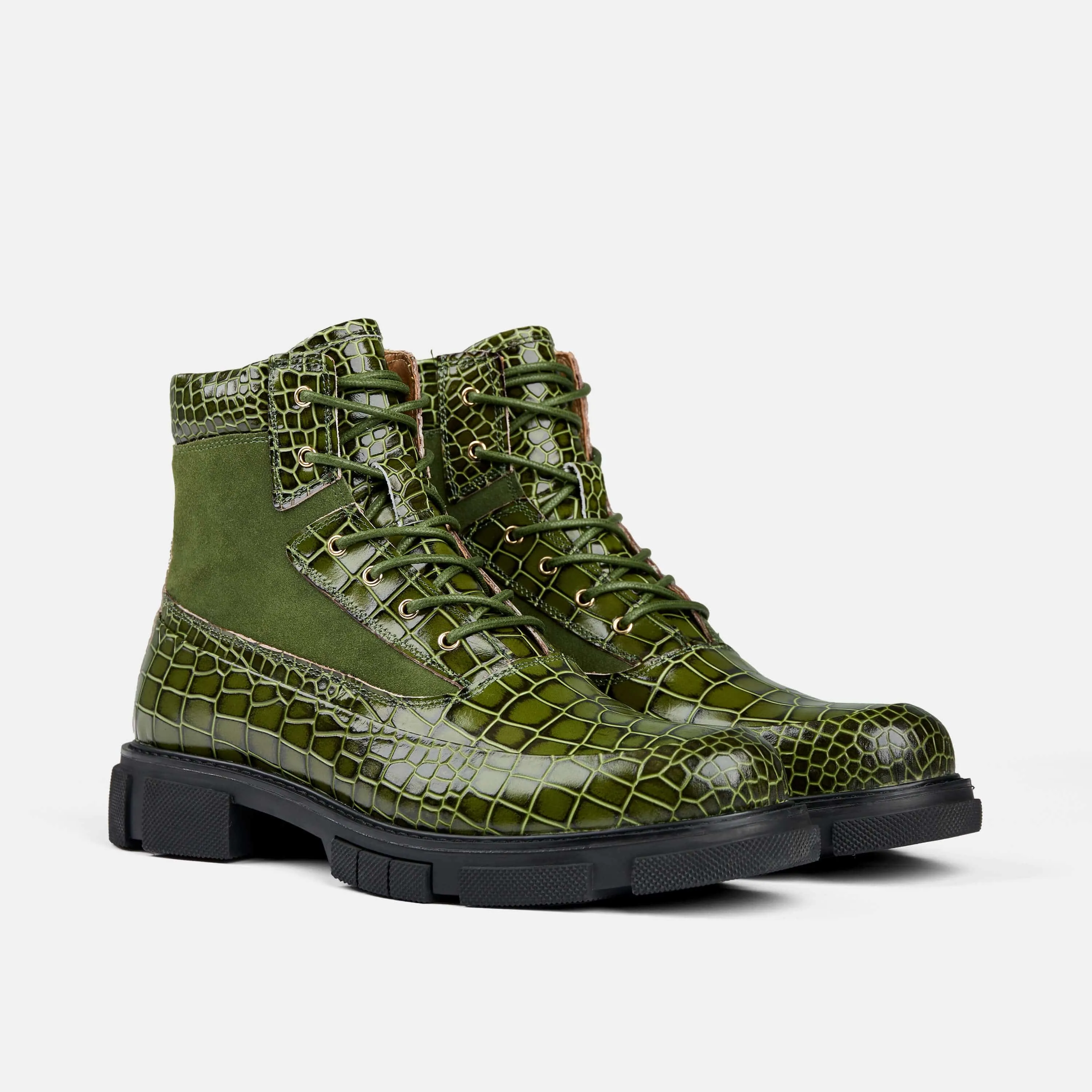 Otis Green Crocskin Leather Combat Boots