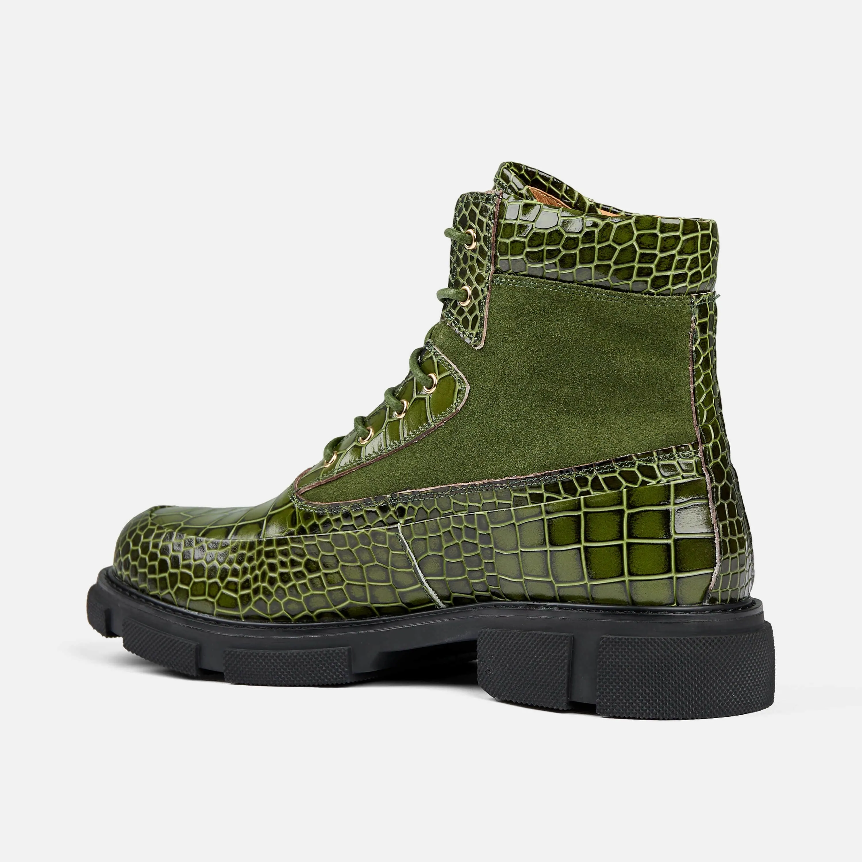 Otis Green Crocskin Leather Combat Boots