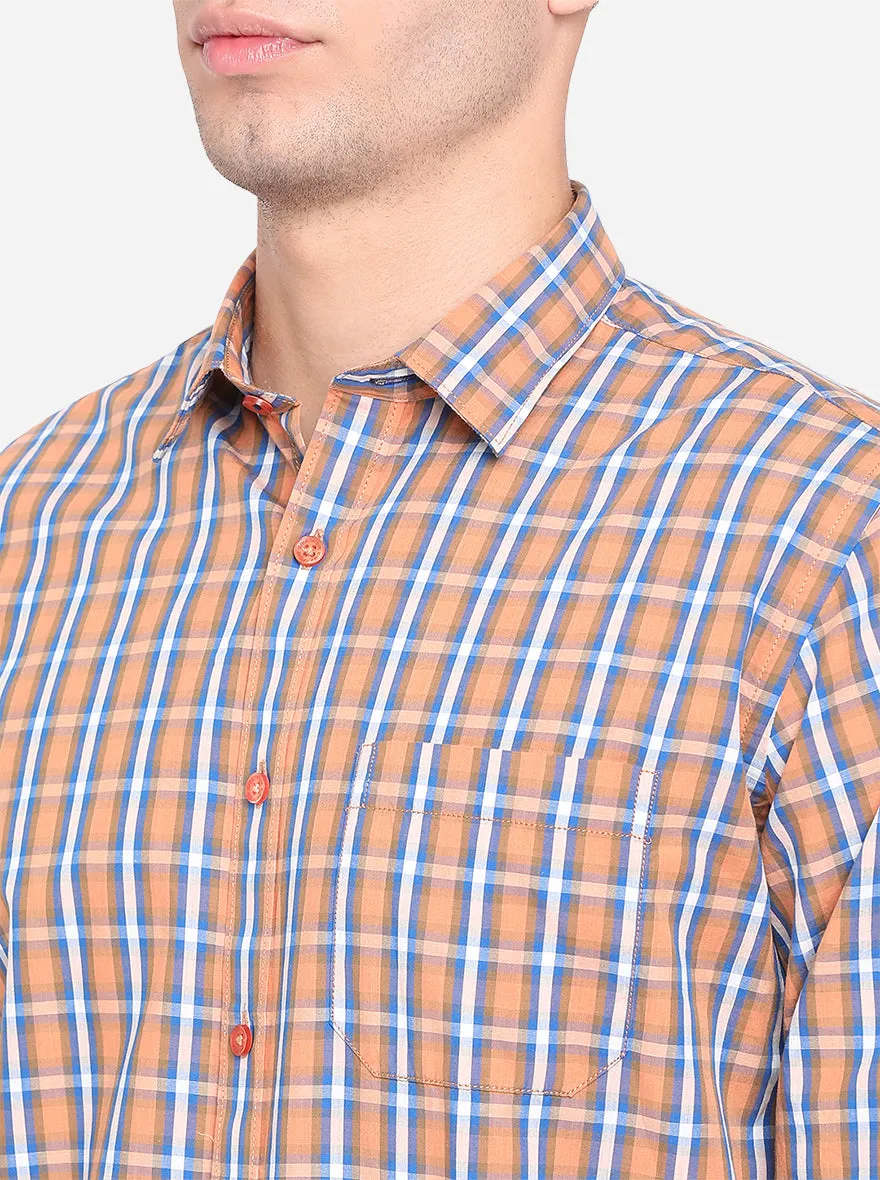 Peach & Sky Blue Checked Slim Fit Casual Shirt | Greenfibre