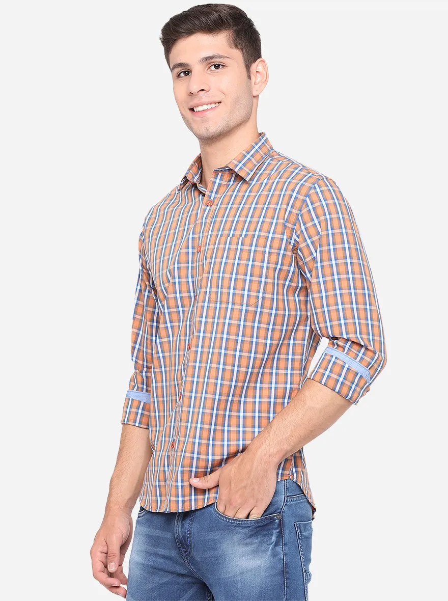 Peach & Sky Blue Checked Slim Fit Casual Shirt | Greenfibre