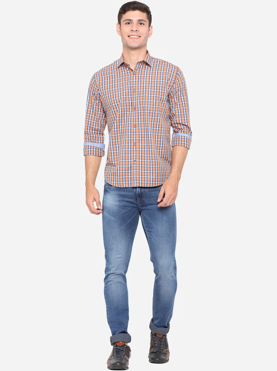 Peach & Sky Blue Checked Slim Fit Casual Shirt | Greenfibre