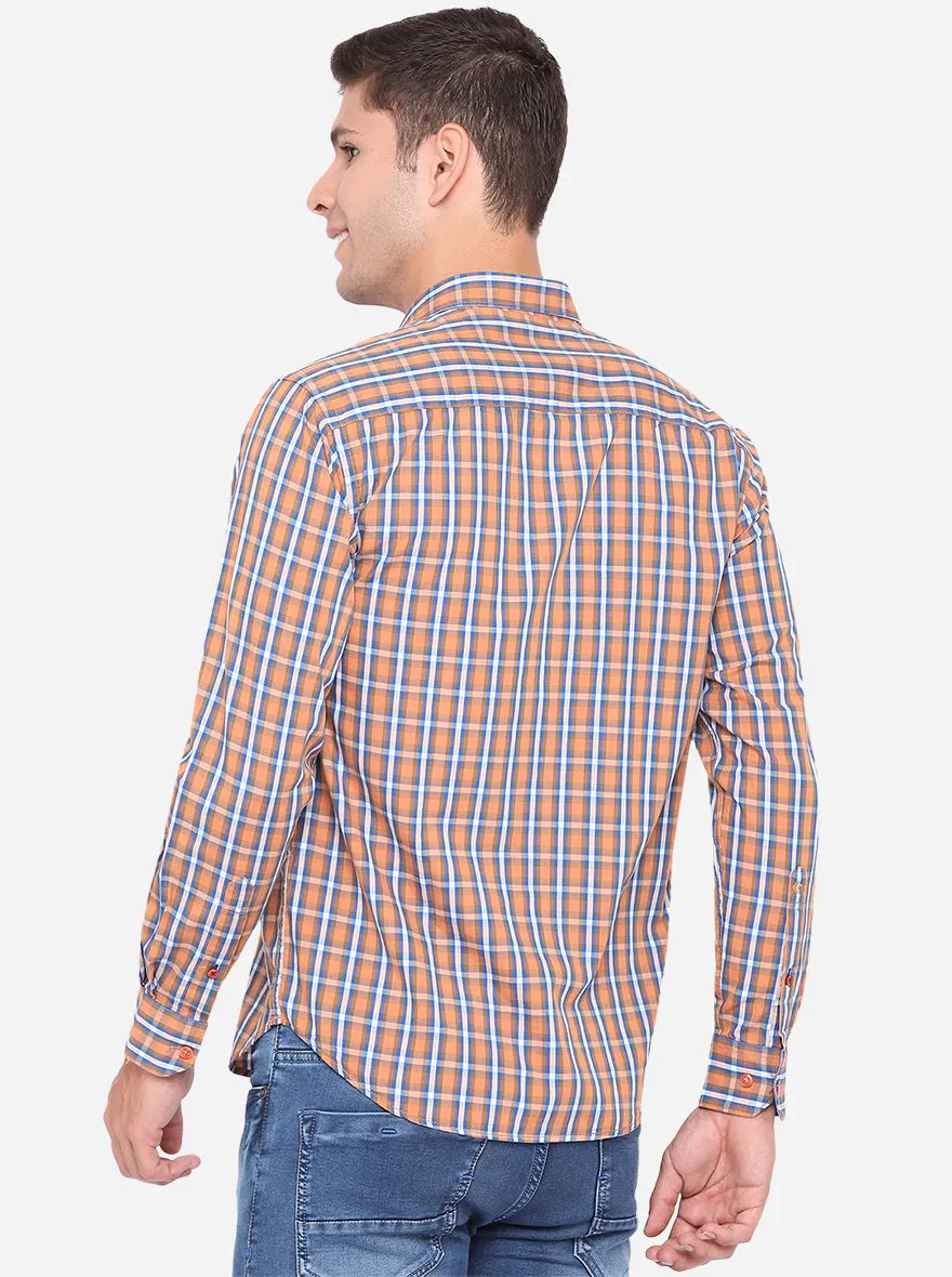 Peach & Sky Blue Checked Slim Fit Casual Shirt | Greenfibre