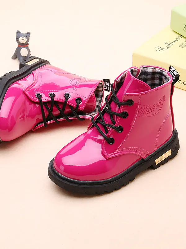 Pink Patent Synthetic Leather Combat Boots By Liv and Mia