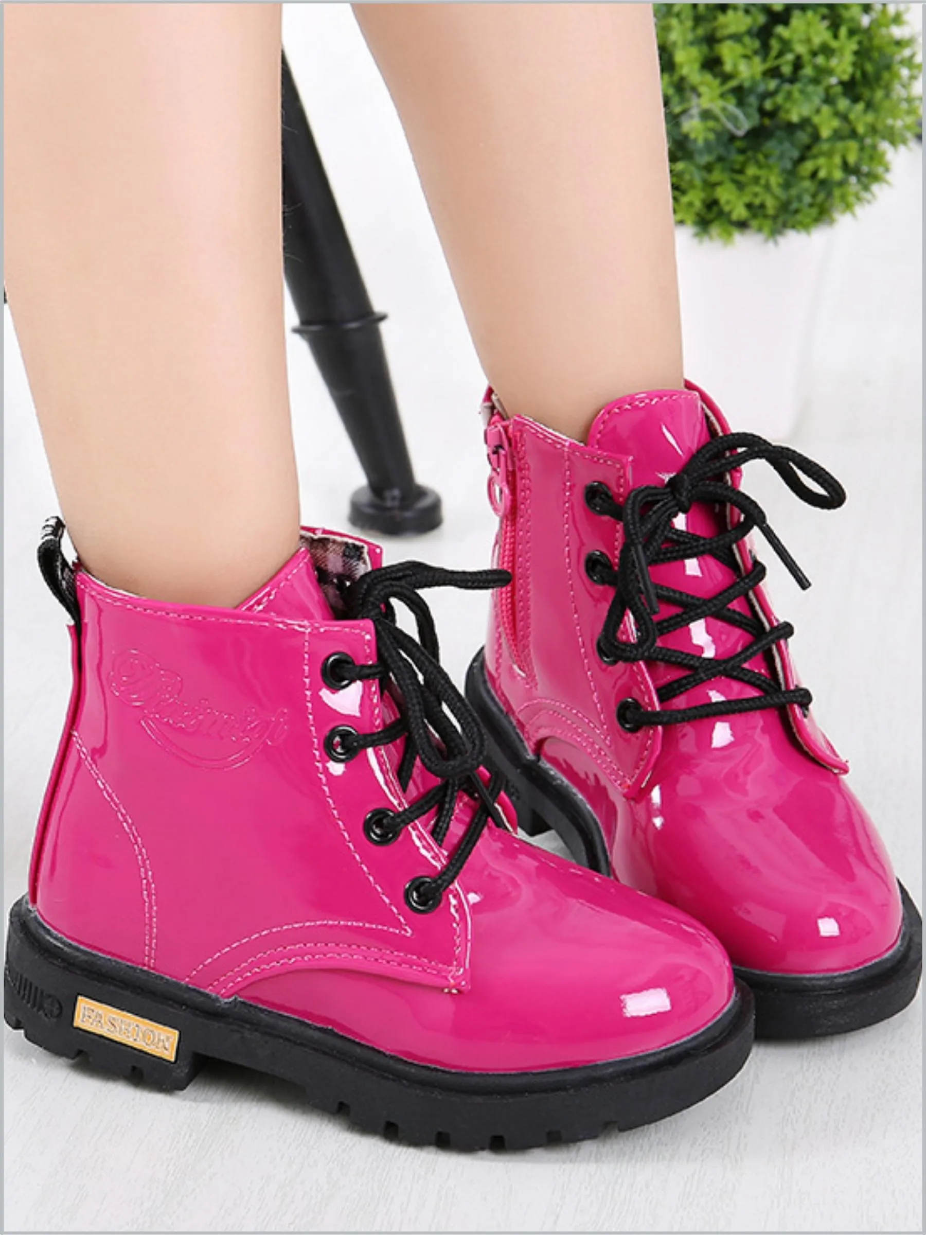 Pink Patent Synthetic Leather Combat Boots By Liv and Mia