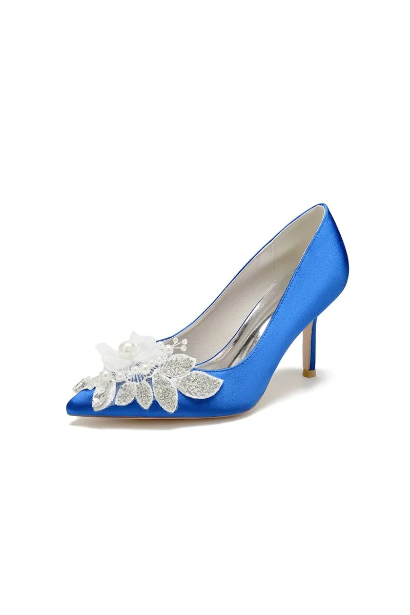 Pointed Toe Satin Bridal Heels with Crystal Flower