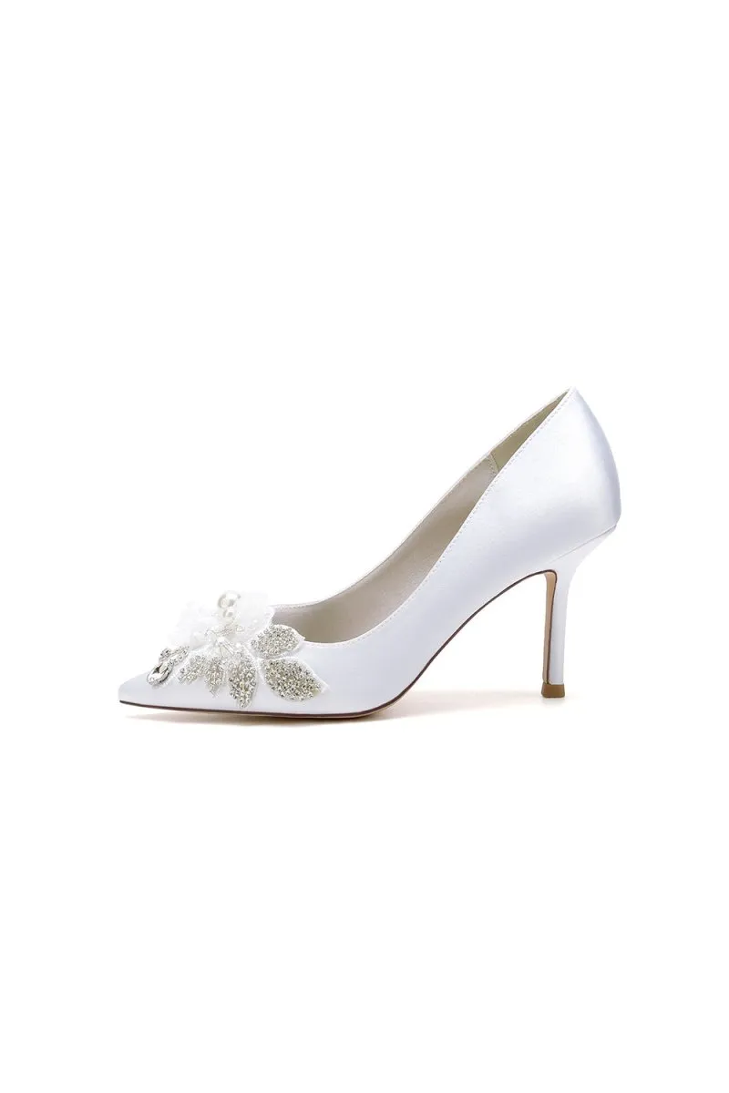 Pointed Toe Satin Bridal Heels with Crystal Flower