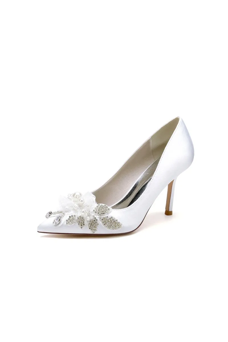 Pointed Toe Satin Bridal Heels with Crystal Flower