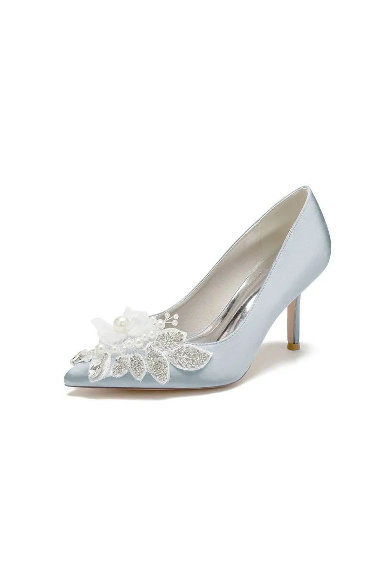 Pointed Toe Satin Bridal Heels with Crystal Flower