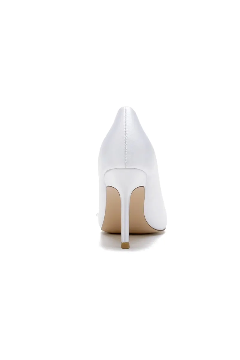 Pointed Toe Satin Bridal Heels with Crystal Flower