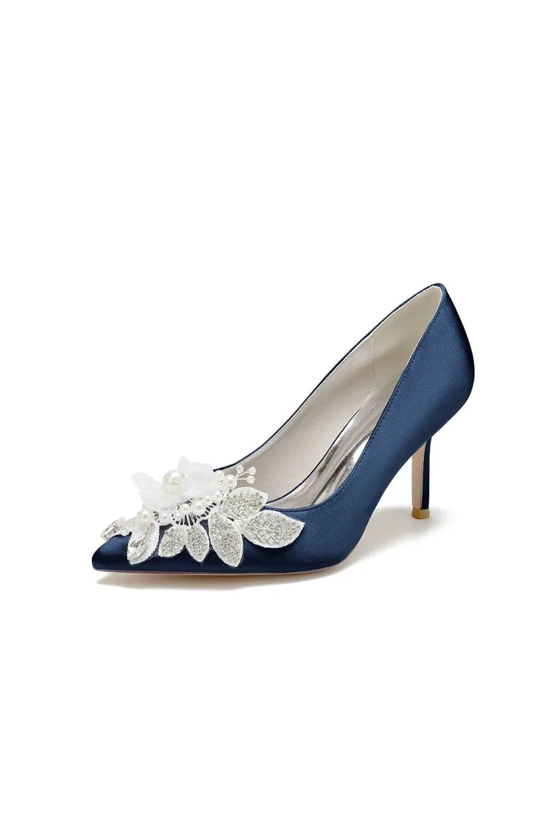 Pointed Toe Satin Bridal Heels with Crystal Flower