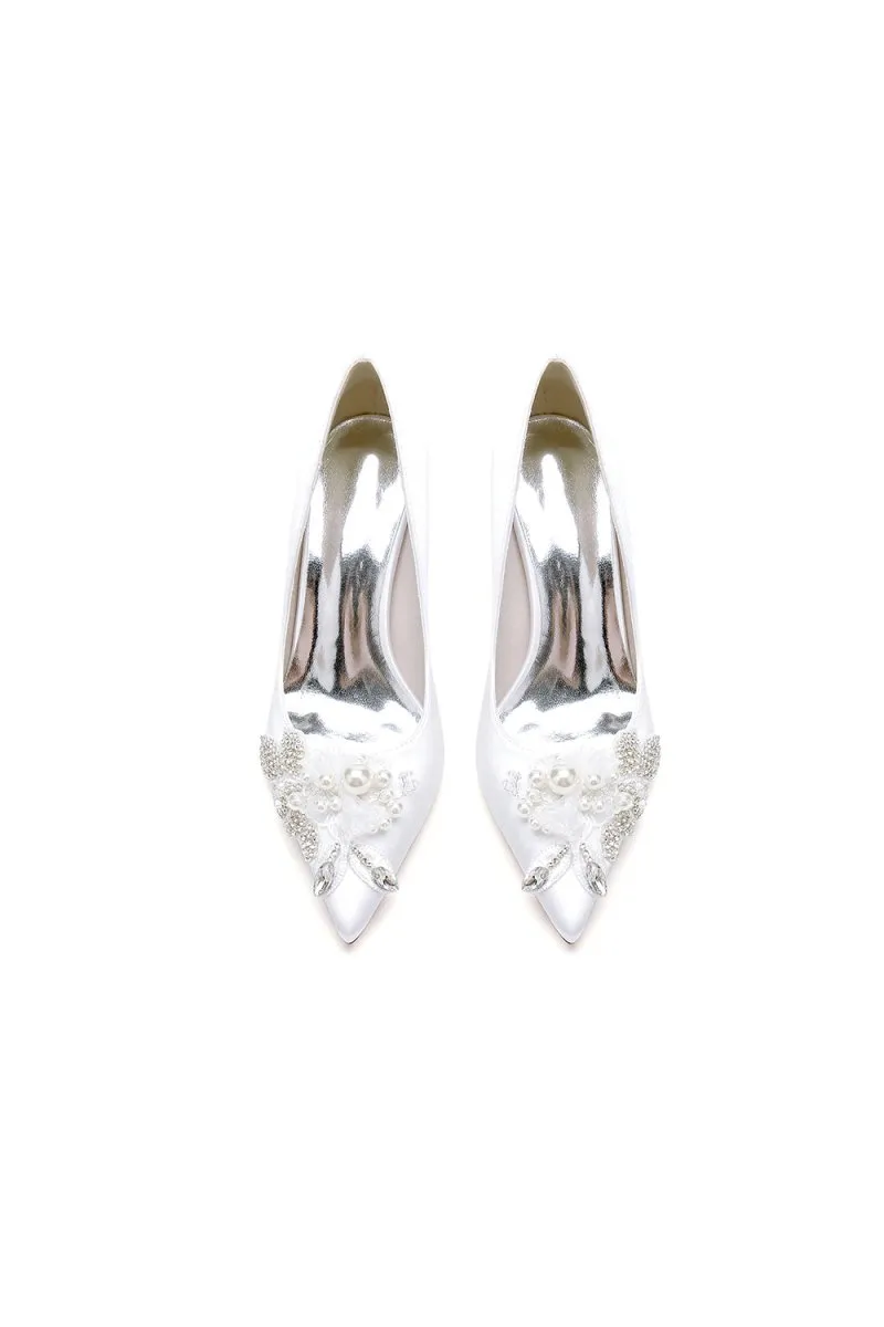 Pointed Toe Satin Bridal Heels with Crystal Flower