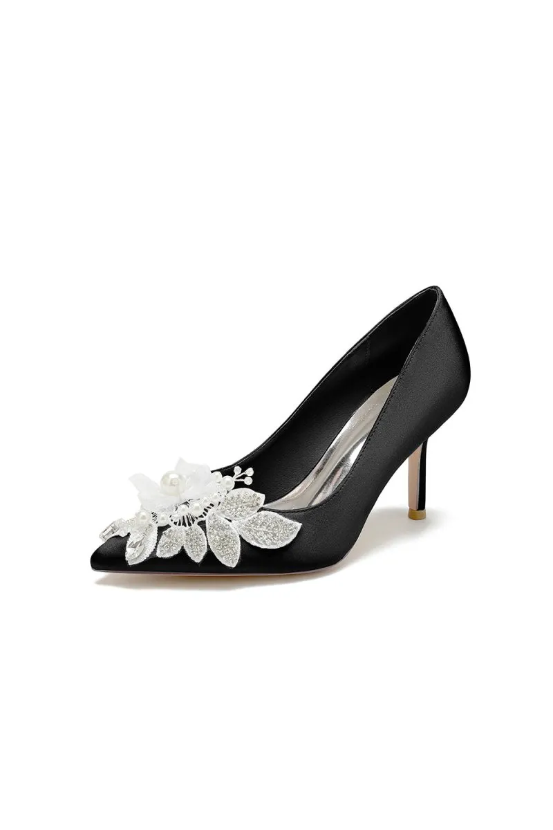 Pointed Toe Satin Bridal Heels with Crystal Flower