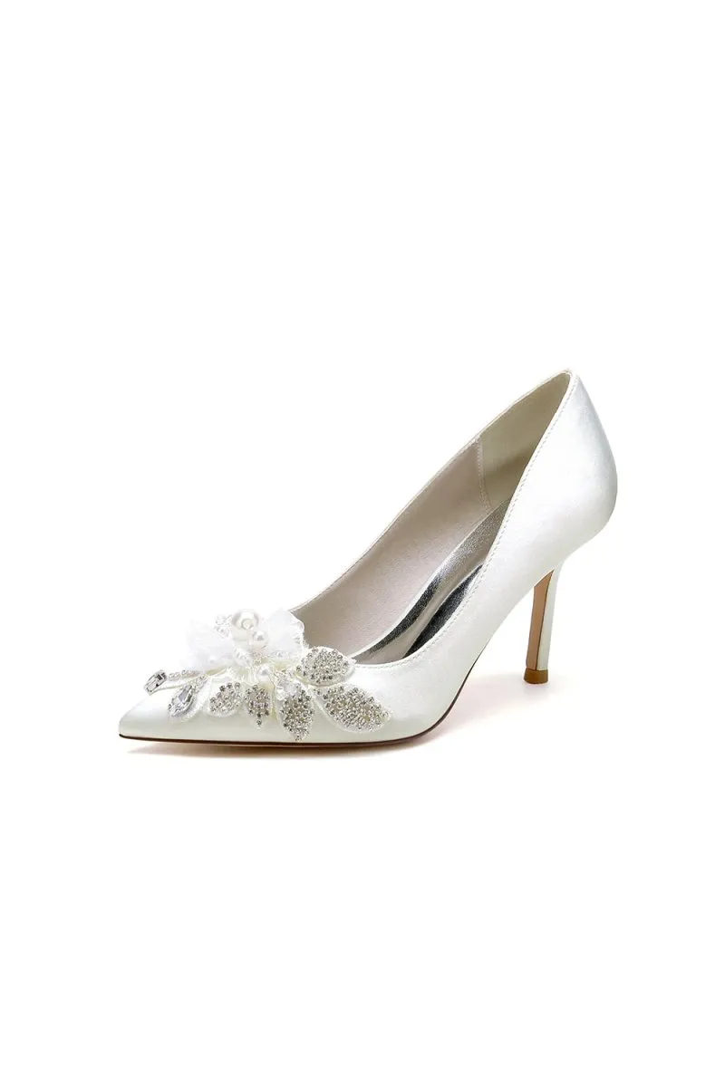 Pointed Toe Satin Bridal Heels with Crystal Flower