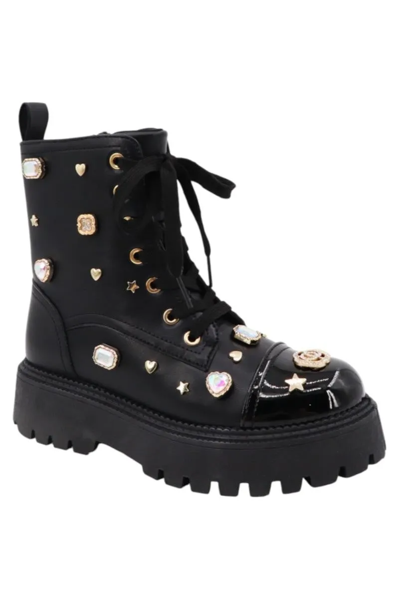 POLK-05 Black Faux Leather Combat Boot - Lace Up - Rhinestone Charms/Jewels Detail