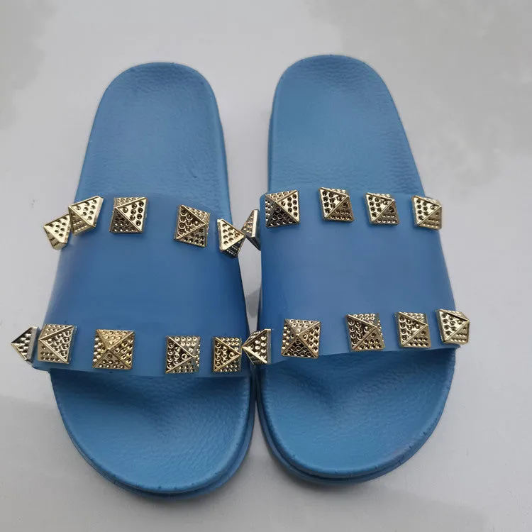 PU Riveted Flat Viscose Slide Sandals