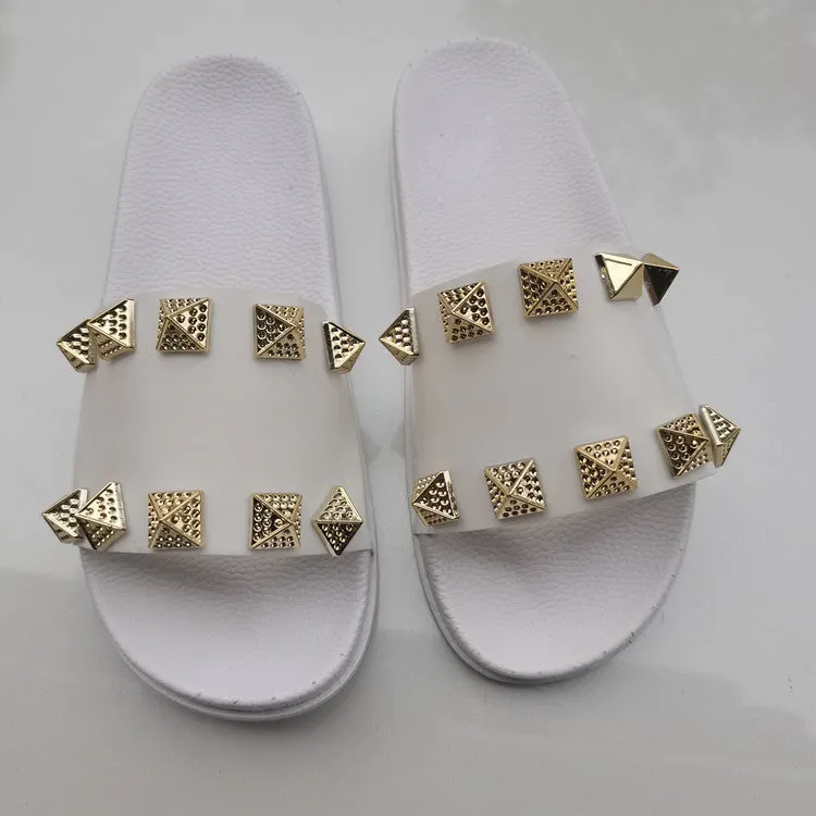 PU Riveted Flat Viscose Slide Sandals