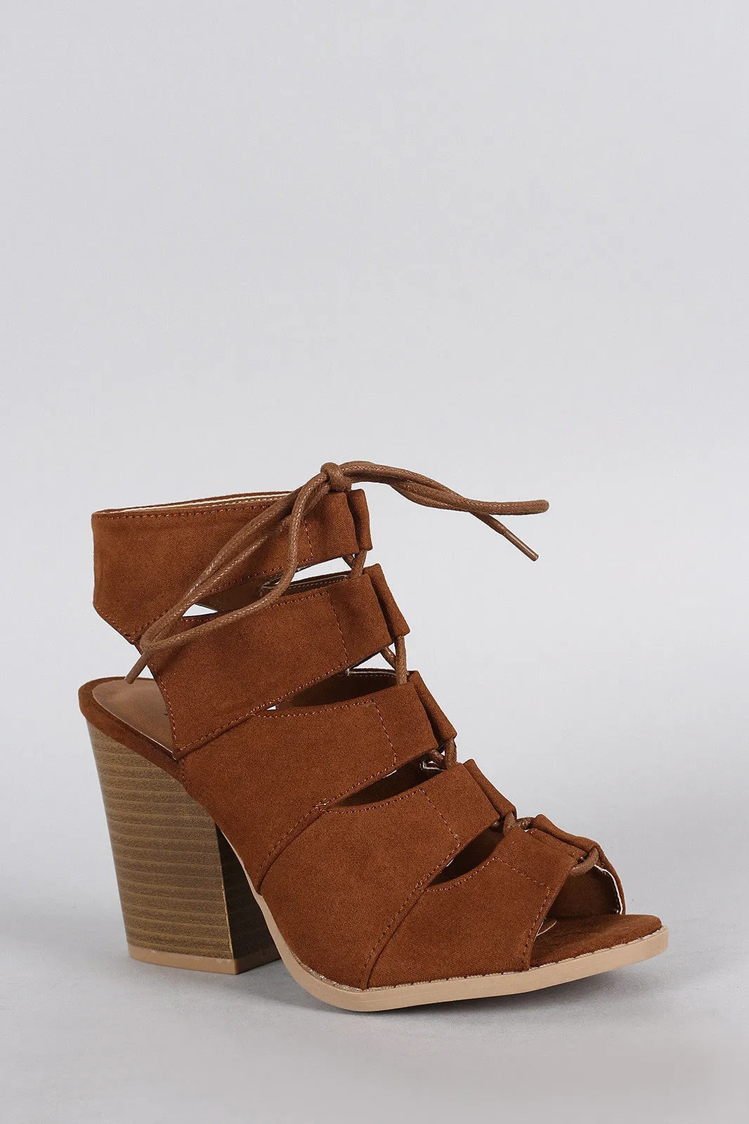 Qupid Suede Peep Toe Corset Lace Up Gladiator Chunky Heel