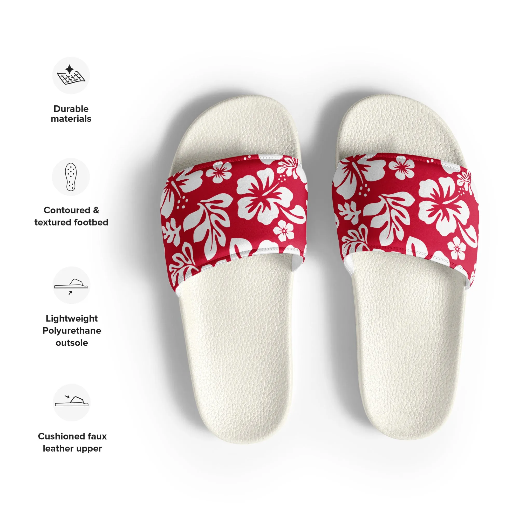 Red and White Hawaiian Flowers Men’s Slides Sandals