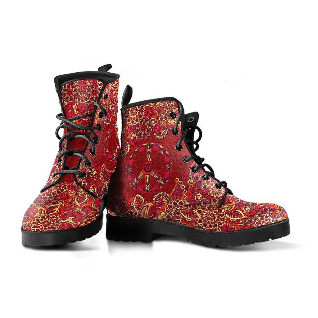 Red Peace Mandala  Memory Foam Boots | All Season Lace Up Boots | Vegan Leather Combat Boot by Manifestie