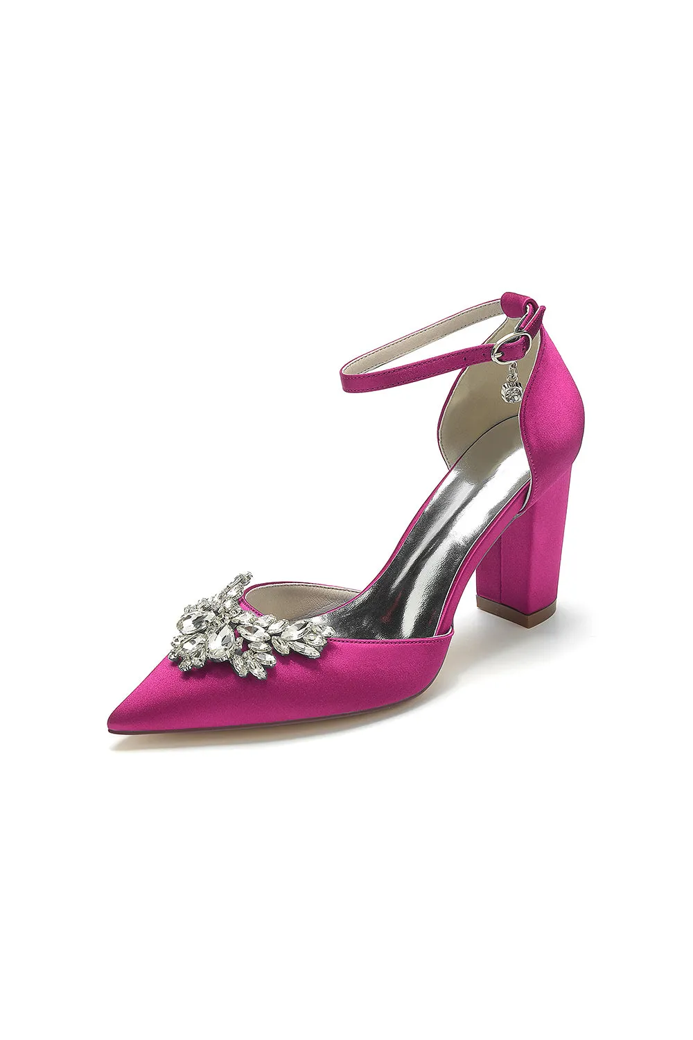 Rhinestone Pointed Toe Ankle Strap Satin Chunky Heel