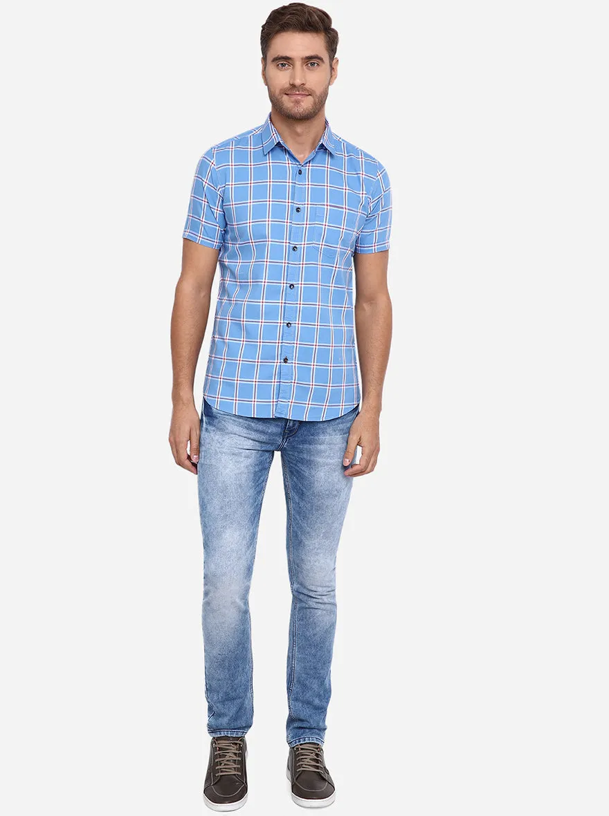 Rivera Blue Checked Slim Fit Casual Shirt | JadeBlue