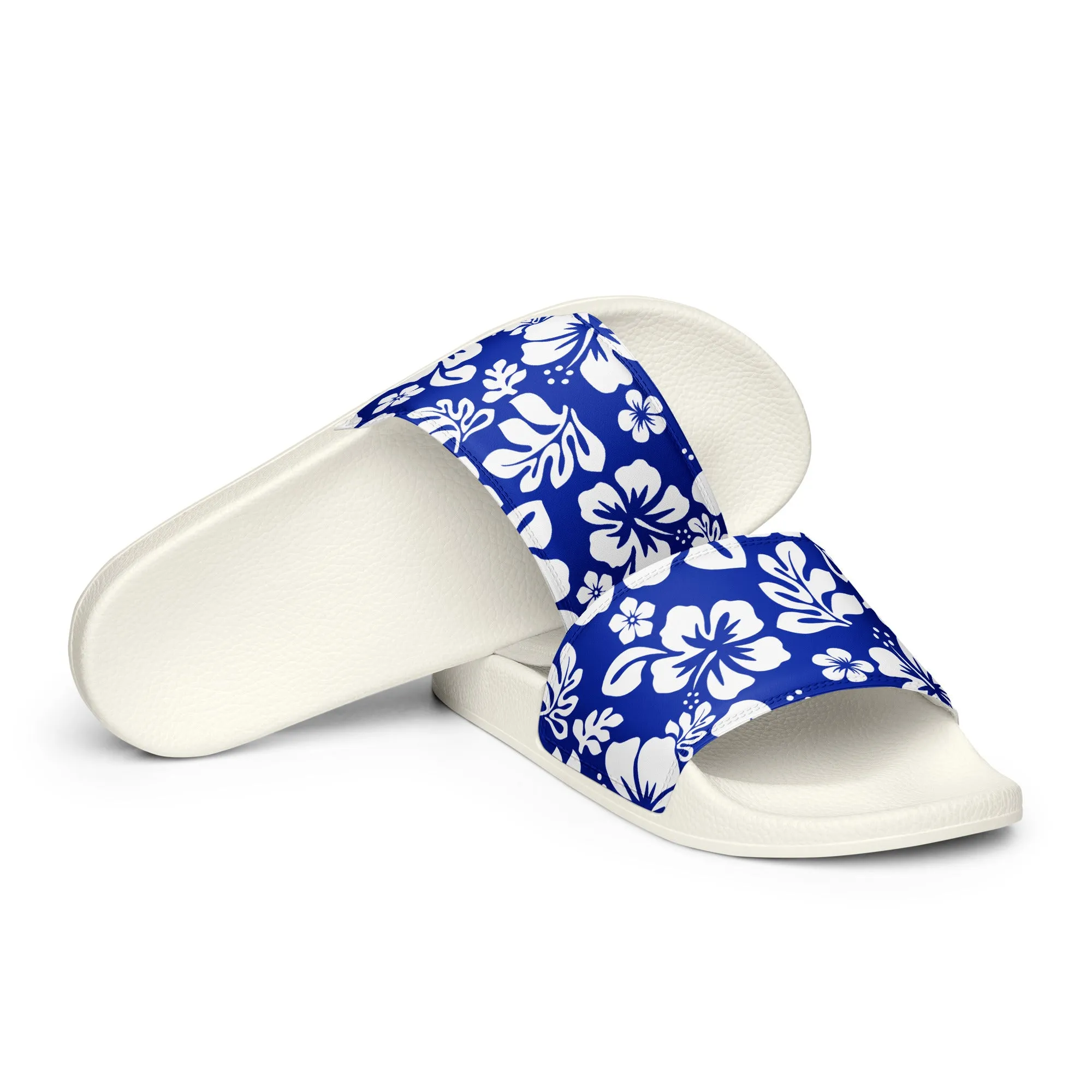 Royal Blue and White Hawaiian Flowers Men’s Slides Sandals