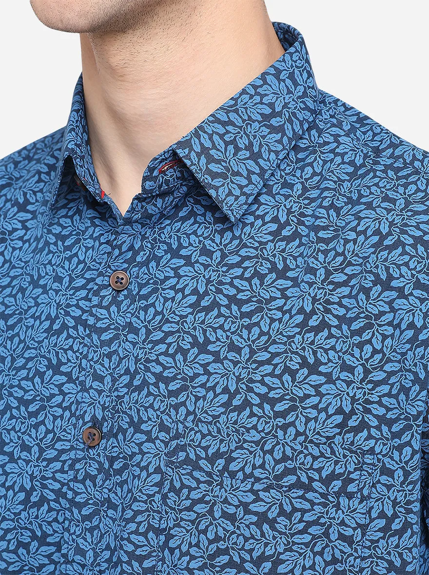 Royal Blue Printed Classic Fit Semi Casual Shirt | Greenfibre