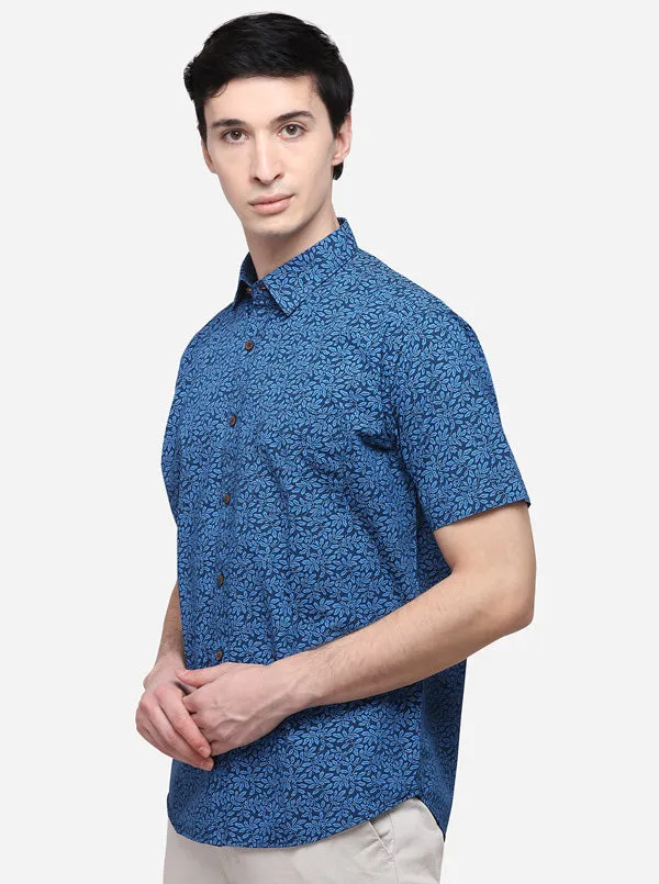 Royal Blue Printed Classic Fit Semi Casual Shirt | Greenfibre