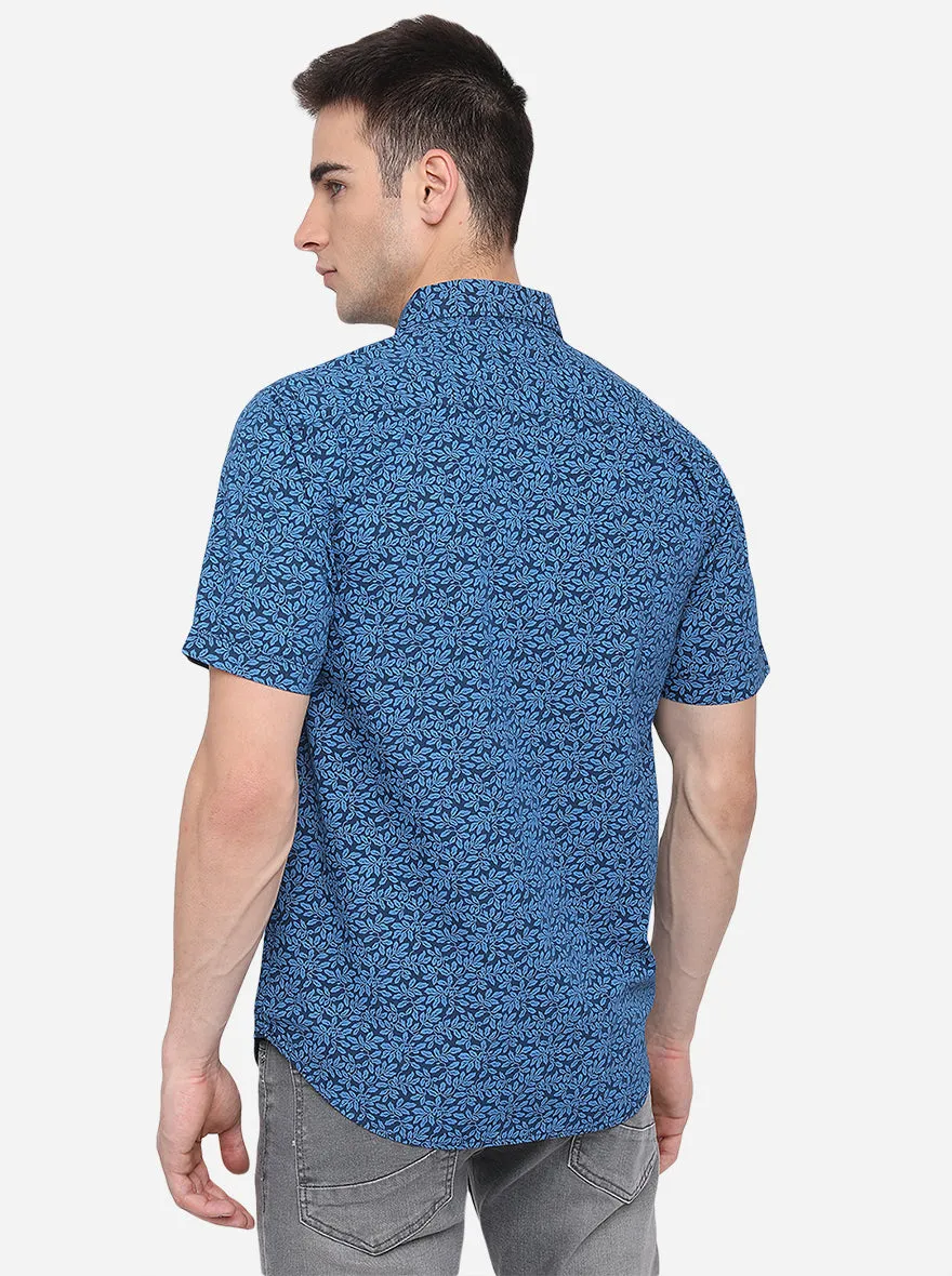 Royal Blue Printed Classic Fit Semi Casual Shirt | Greenfibre