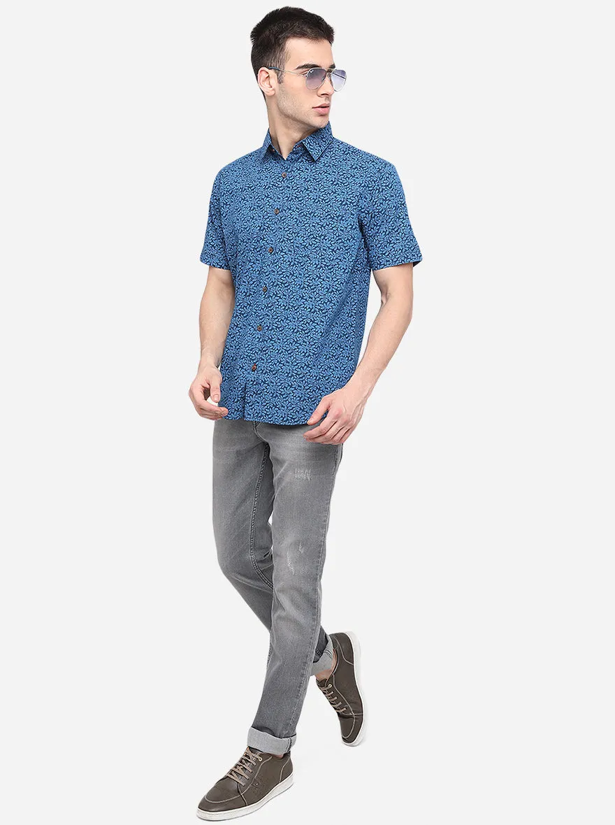 Royal Blue Printed Classic Fit Semi Casual Shirt | Greenfibre