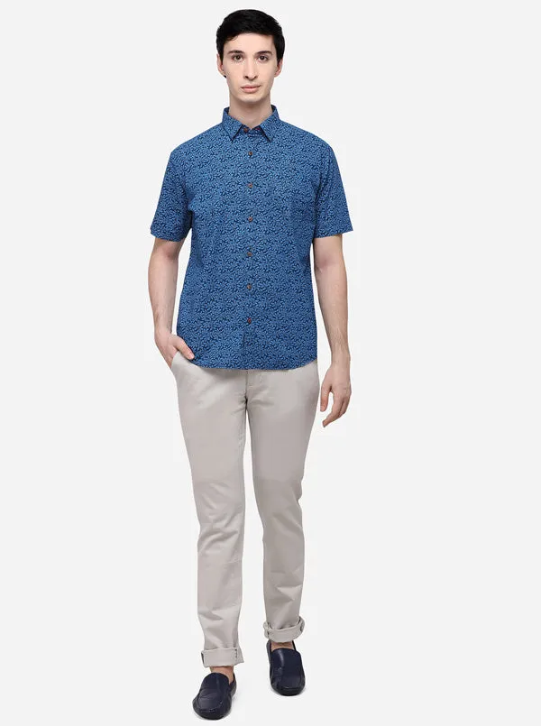 Royal Blue Printed Classic Fit Semi Casual Shirt | Greenfibre