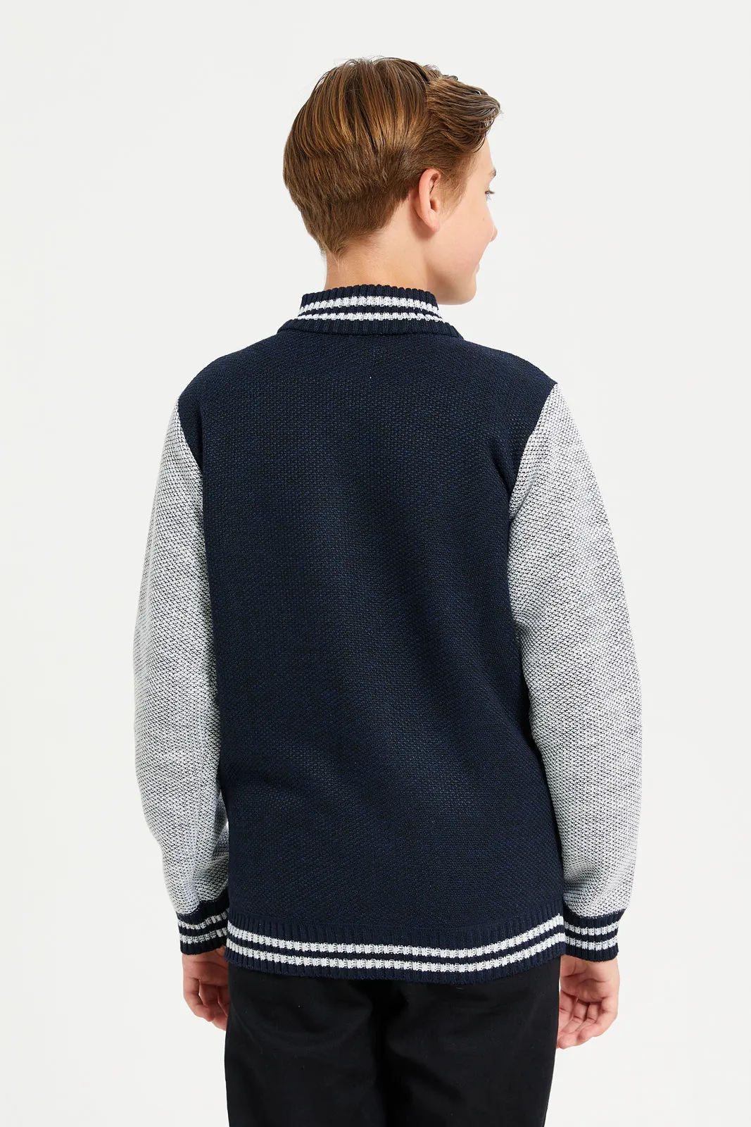 Senior Boys Navy Cut And Sew Zip-Thru Pullover