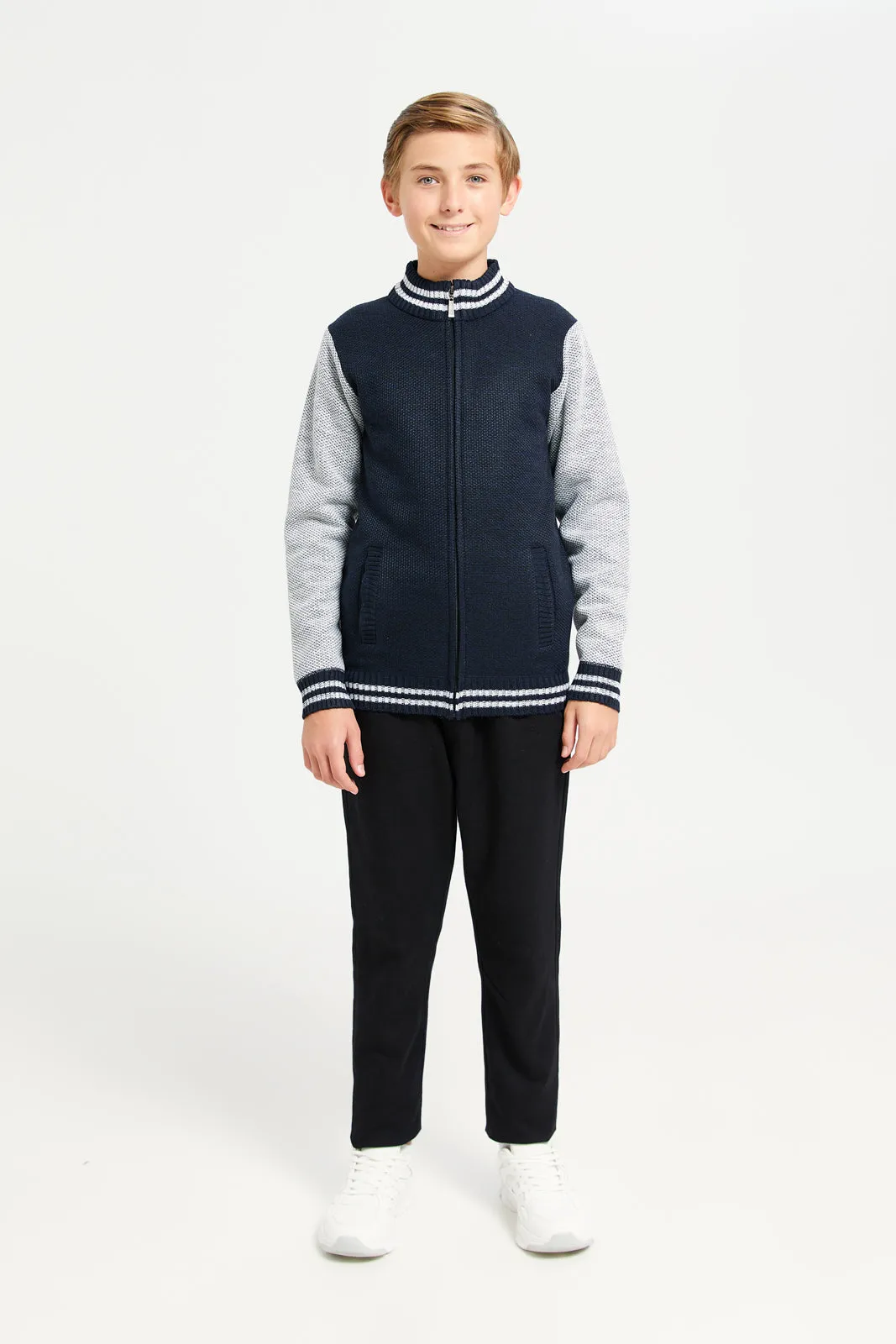 Senior Boys Navy Cut And Sew Zip-Thru Pullover