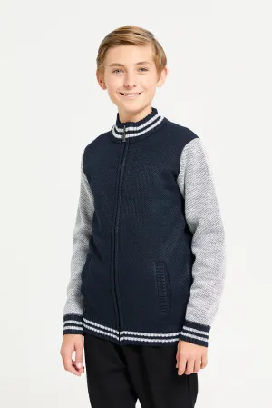 Senior Boys Navy Cut And Sew Zip-Thru Pullover